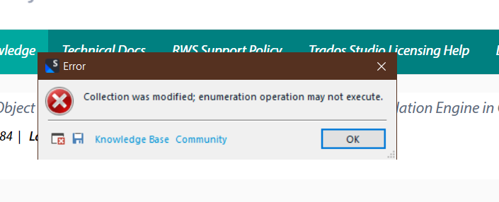 Error dialog box with message: Collection was modified; enumeration operation may not execute.