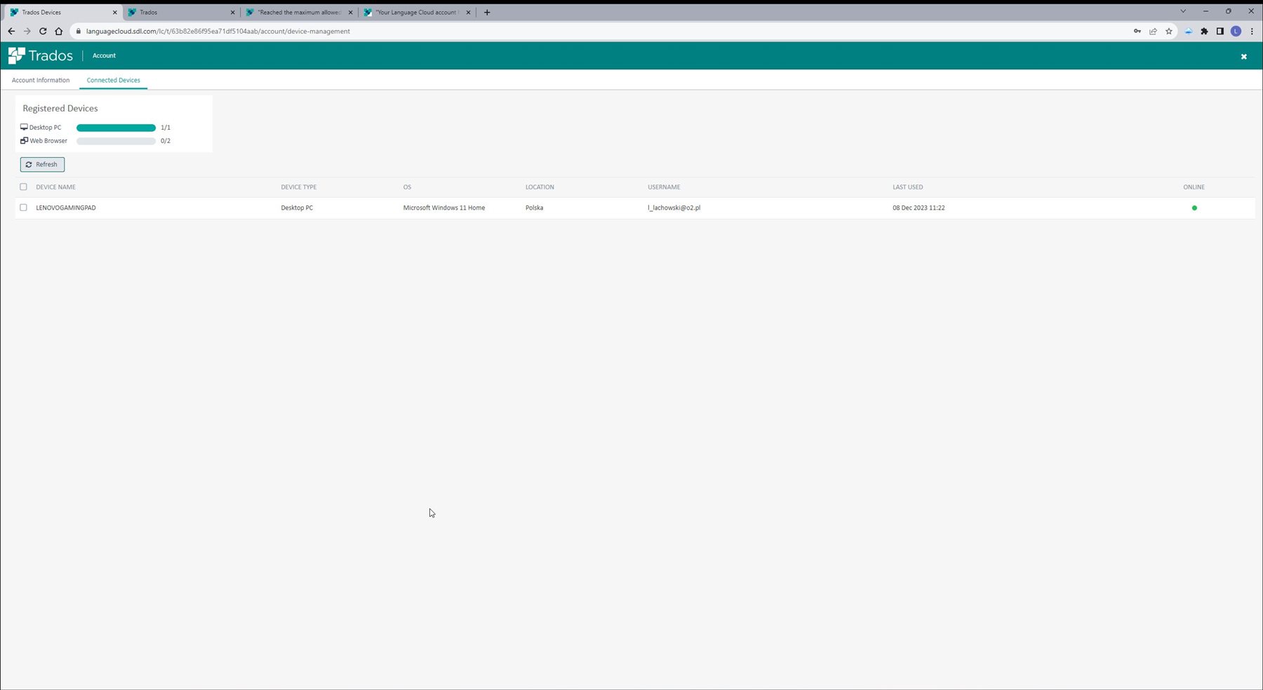 Trados account management page showing one registered device, a desktop PC, with a green dot indicating it is online. A warning message 'Reached the maximum allowed' is visible at the top.