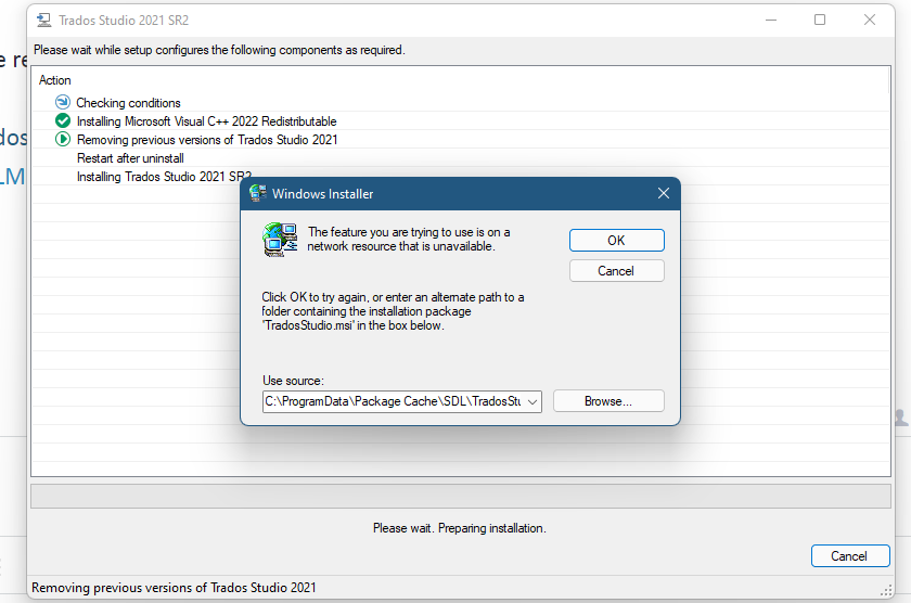 Error message during Trados Studio 2021 SR2 installation stating 'The feature you are trying to use is on a network resource that is unavailable.' with options to retry or cancel.