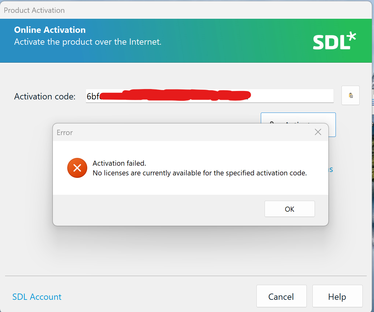 Trados Studio product activation screen showing an error message 'Activation failed. No licenses are currently available for the specified activation code.'