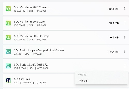Screenshot showing a list of SDL software installed, including SDL Trados Studio 2019 SR2 with options for Modify and Uninstall. Modify option is greyed out.