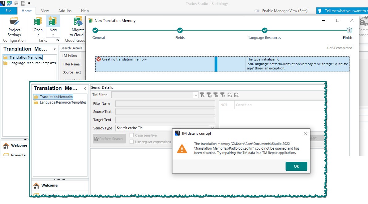 Trados Studio error message stating 'The type initializer for 'Sdl.LanguagePlatform.TranslationMemoryImpl.Storage.SqliteStorage' threw an exception.'