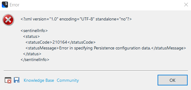 Error dialog box in Trados Studio 2022 displaying an XML error message with status code 210164 and message 'Error in specifying Persistence configuration data.' Buttons for Knowledge Base and Community are visible at the bottom with an OK button.
