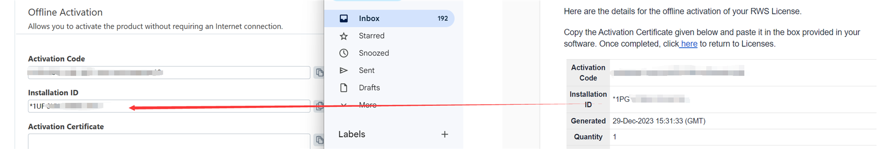 Screenshot of Trados Studio's Offline Activation screen showing fields for Activation Code, Installation ID, and Activation Certificate. The Installation ID field contains an ID starting with '1UF'.