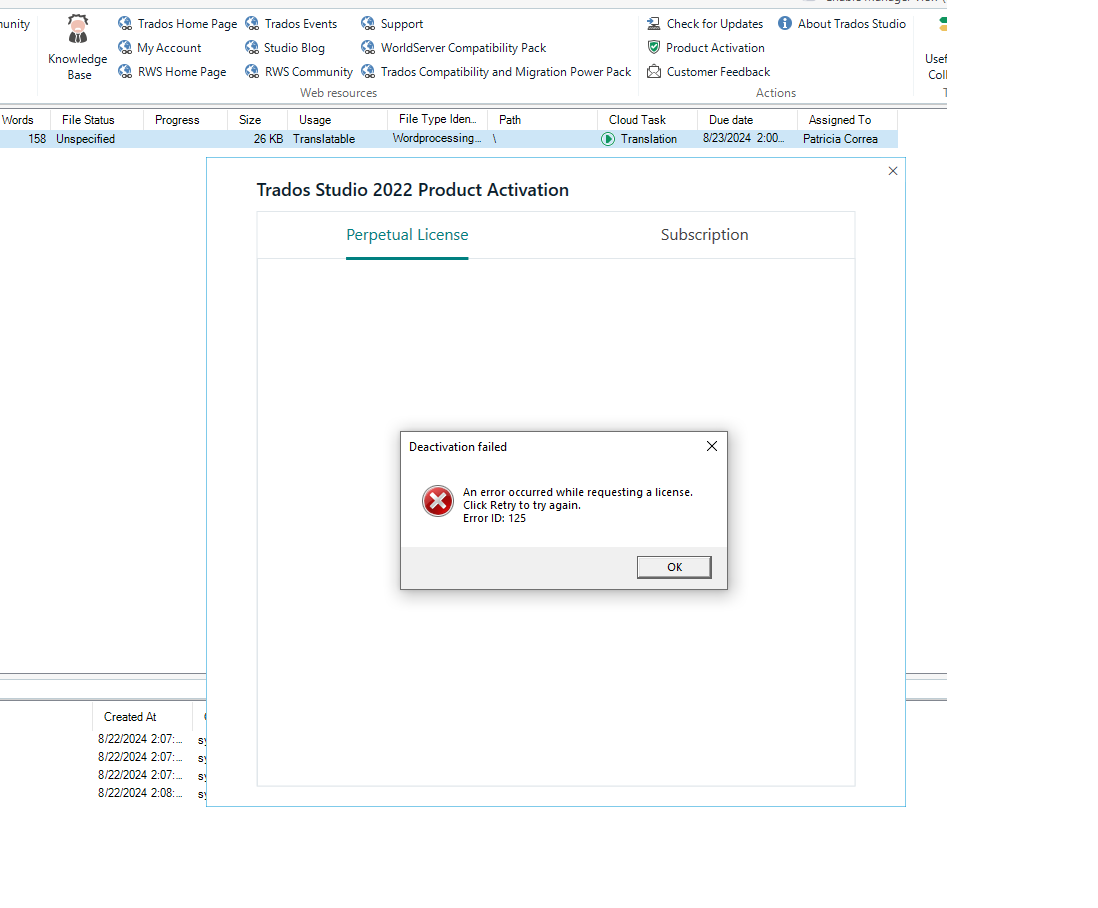 Screenshot of Trados Studio 2022 Product Activation window showing an error message box with text: 'Deactivation failed. An error occurred while requesting a license. Click Retry to try again. Error ID: 125.'