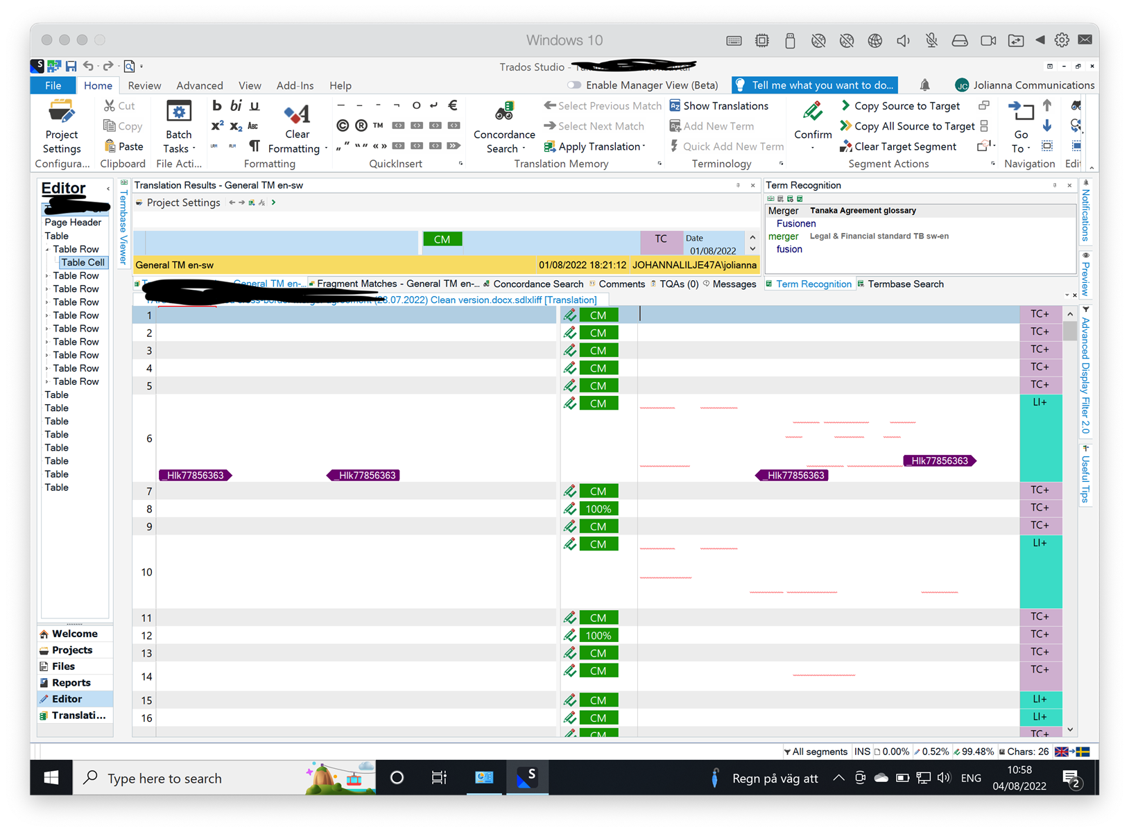 Screenshot of Trados Studio interface showing the Editor view with a translation project open. Client details are blacked out. The Translation Results pane indicates 100% match from the General TM. No visible errors or warnings.