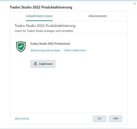 Trados Studio 2022 product activation window with an active 'Trados Studio 2022 Professional' license and a 'Deactivate' button.