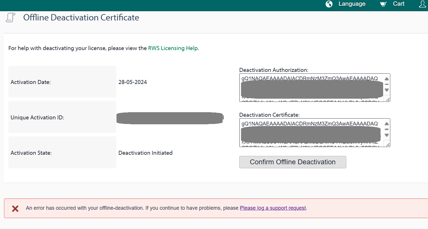 Screenshot of Offline Deactivation Certificate page with an error message 'An error has occurred with your offline-deactivation.' and a prompt to log a support request.
