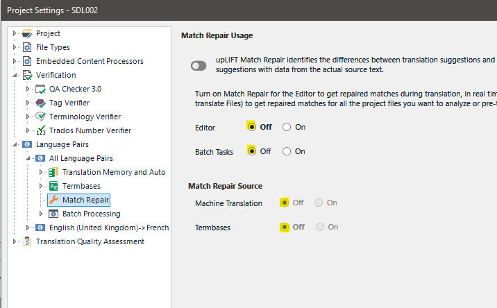 Trados Studio Project Settings showing 'Match Repair' option turned off for the Editor to prevent crashes.