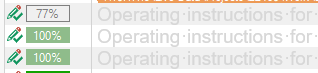 Screenshot of Trados Studio showing progress indicators with one at 77% and others at 100%, next to the text 'Operating instructions for'.