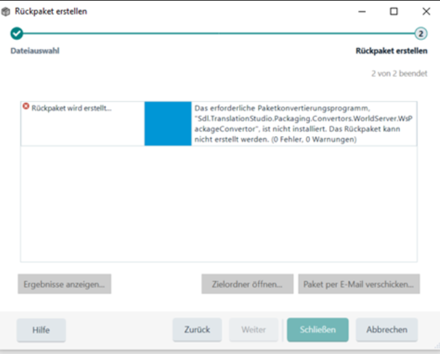 Trados Studio error message stating the required package conversion program is not installed, preventing the creation of a return package.