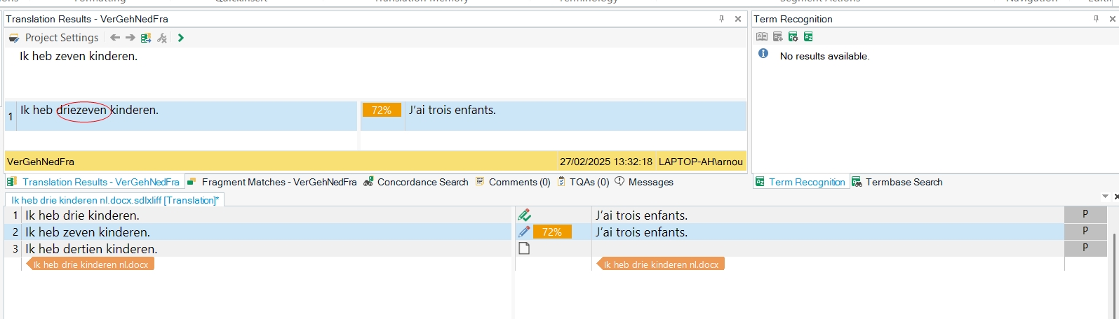 Screenshot of Trados Studio interface showing a translation segment with the source text 'Ik heb zeven kinderen.' and the corresponding translation 'J'ai trois enfants.' A red circle highlights the difference 'driezeven' in the source segment.