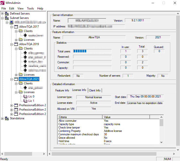 WlmAdmin tool showing server information with version 9.2.1.0011 and feature information for AllowTQA 2021 with 1 license in use, 3 total, and no licenses queued.