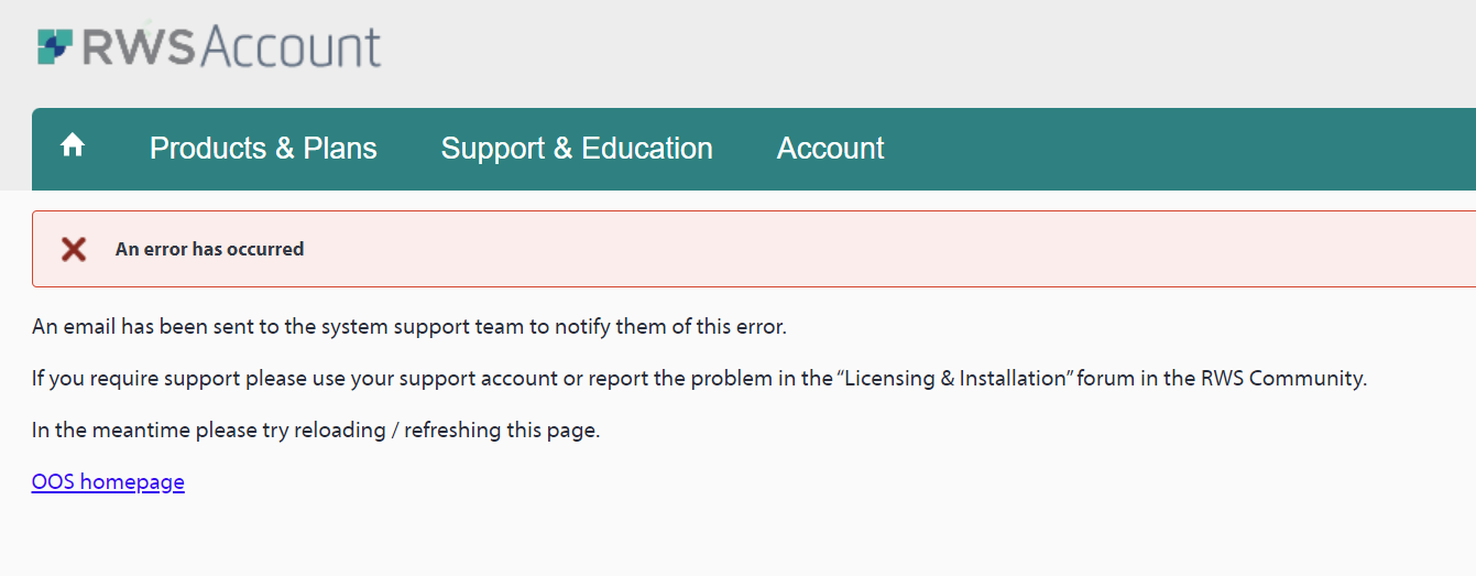 Screenshot of an RWS Account error page with a red error message box stating 'An error has occurred'. Instructions are provided to reload the page and a link to the OOS homepage is available.