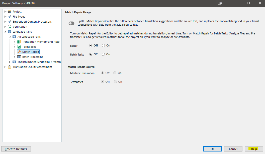Trados Studio Project Settings with Match Repair options for Editor and Batch Tasks turned off, and sources for Machine Translation and Termbases also off.
