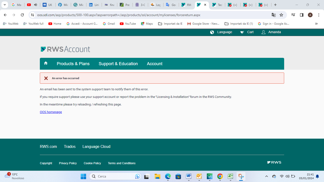 Error message on RWS Account page stating 'An error has occurred' with instructions to reload the page or seek support in the RWS Community forum.