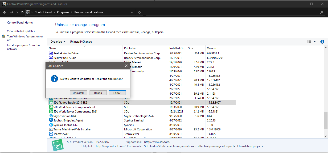 Control Panel window showing Programs and Features with a list of installed applications. A dialog box asks if you want to Uninstall or Repair the application, with options for Uninstall and Cancel highlighted for SDL Trados Studio 2019 SR2.