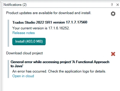 Screenshot of Trados Studio project interface showing Translation Memory and Automated Translation settings.