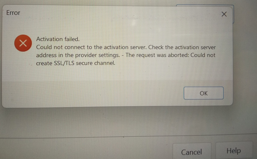 Error dialog box on SDL Trados Studio 2017 Freelance activation stating 'Activation failed. Could not connect to the activation server' with a suggestion to check the server address.