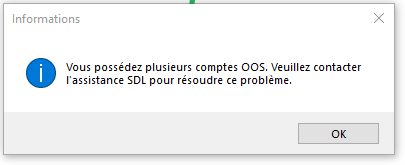 Error message in Trados Studio in French, indicating multiple OOS accounts and prompting to contact SDL support for resolution.