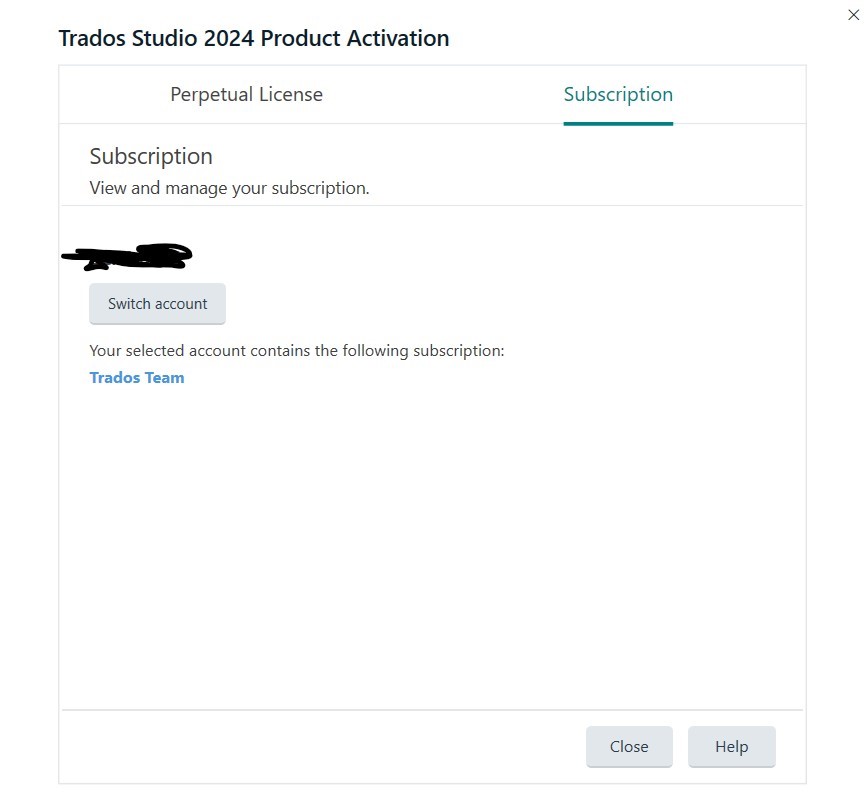 Trados Studio 2024 Product Activation window showing Subscription tab with message 'Your selected account contains the following subscription: Trados Team' and buttons 'Close' and 'Help'.
