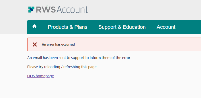 RWS Account webpage with an error message stating 'An error has occurred' and instructions to reload the page and a notification that an email has been sent to support.