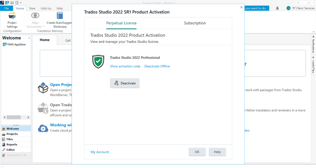 Trados Studio 2022 SR1 Product Activation window showing a green checkmark, activation code, and a deactivate option.