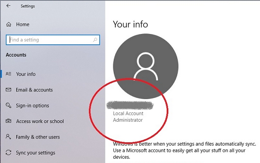 Windows Settings showing 'Your info' with a user icon and the text 'Local Account Administrator' circled in red.