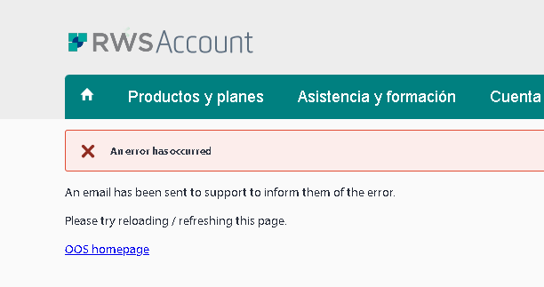 Screenshot of RWS Account page with an error message stating 'An error has occurred' and instructions to reload the page or contact support.