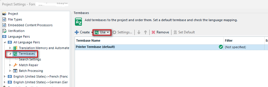 Trados Studio Project Settings window showing Termbases section with options to Add, Create, Use, Settings, Remove, and Set Default. A termbase named 'Printer Termbase (default)' is listed.