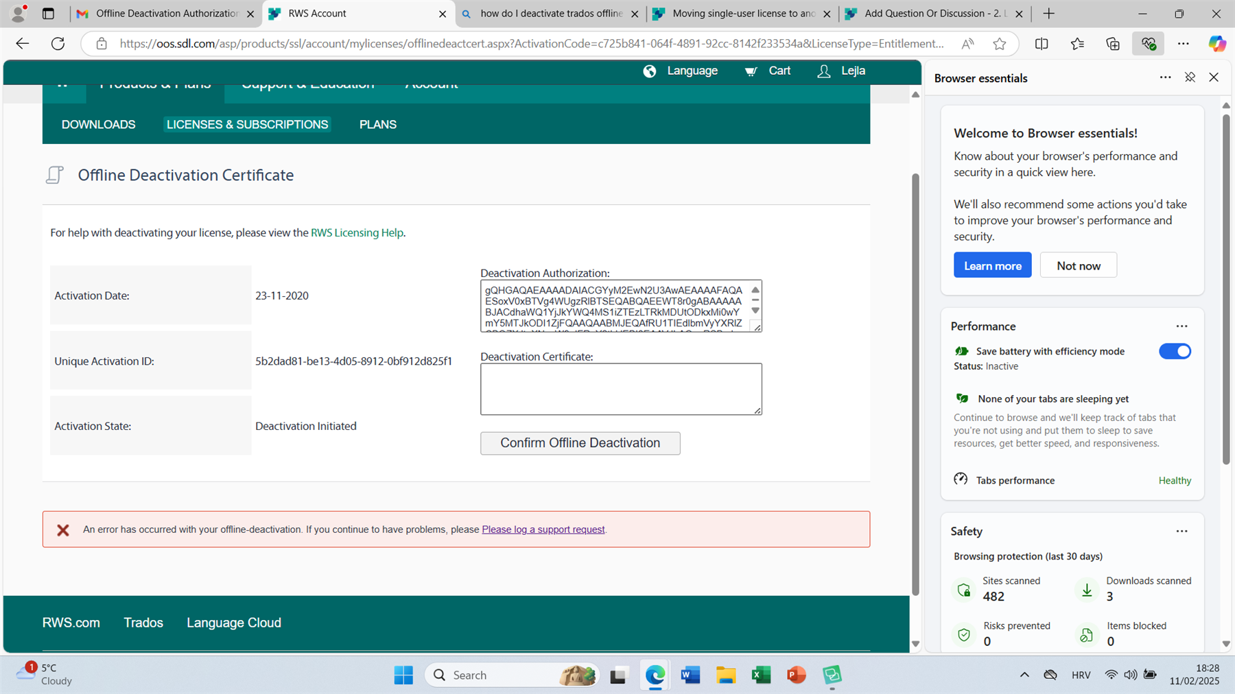 Screenshot of an Offline Deactivation Certificate page with an error message stating 'An error has occurred with your offline deactivation. If you continue to have problems, please log a support request.' Activation Date is 23-11-2020, and a Deactivation Certificate section is present but empty.