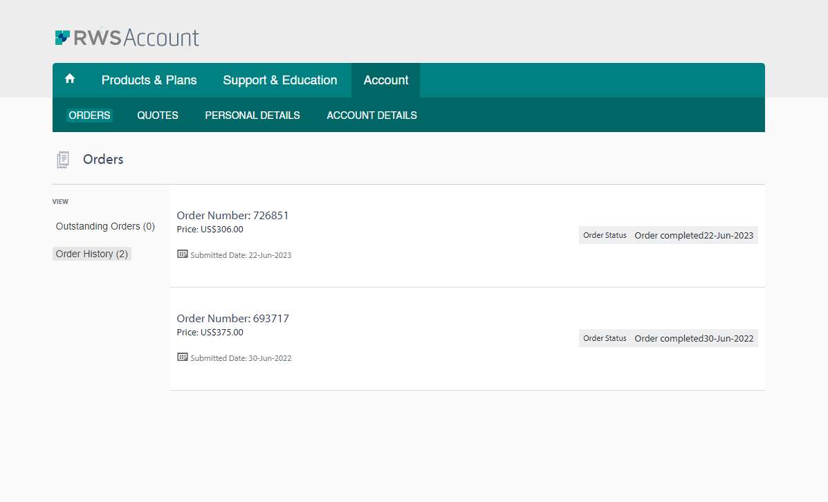 RWS Account page showing 'Orders' tab with two completed orders. Top order 726851 for US$306.00, submitted on June 22, 2023. Bottom order 693717 for US$375.00, submitted on June 30, 2022.