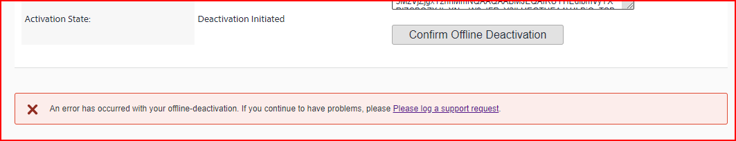 Error message in Trados Studio license management stating an error has occurred with offline deactivation and suggesting to log a support request.