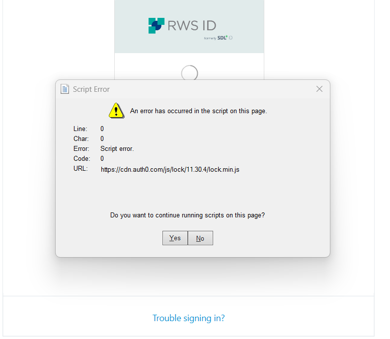 Script Error dialog box with a warning icon indicating an error has occurred in the script on this page, with options to continue running scripts or not.