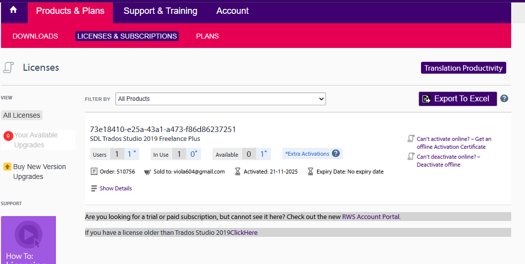 Licenses page showing SDL Trados Studio 2019 Freelance Plus license details, with 0 available activations and options for online and offline activation.