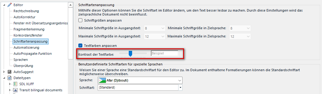 Trados Studio settings showing options for font adaptation with a focus on text color contrast adjustment slider and example text box.