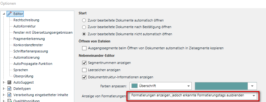 Trados Studio options menu with a section on displaying formatting, highlighting the option to show formatting but hide recognized formatting tags.