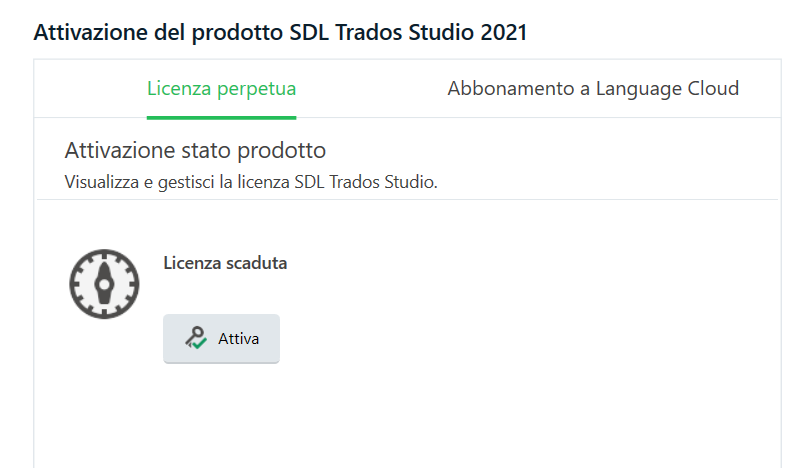 SDL Trados Studio 2021 product activation screen showing a perpetual license tab selected. An error message 'Licenza scaduta' with an expired license icon and an 'Activate' button is displayed.