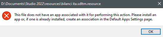 Error message stating 'This file does not have an app associated with it for performing this action. Please install an app or, if one is already installed, create an association in the Default Apps Settings page.'