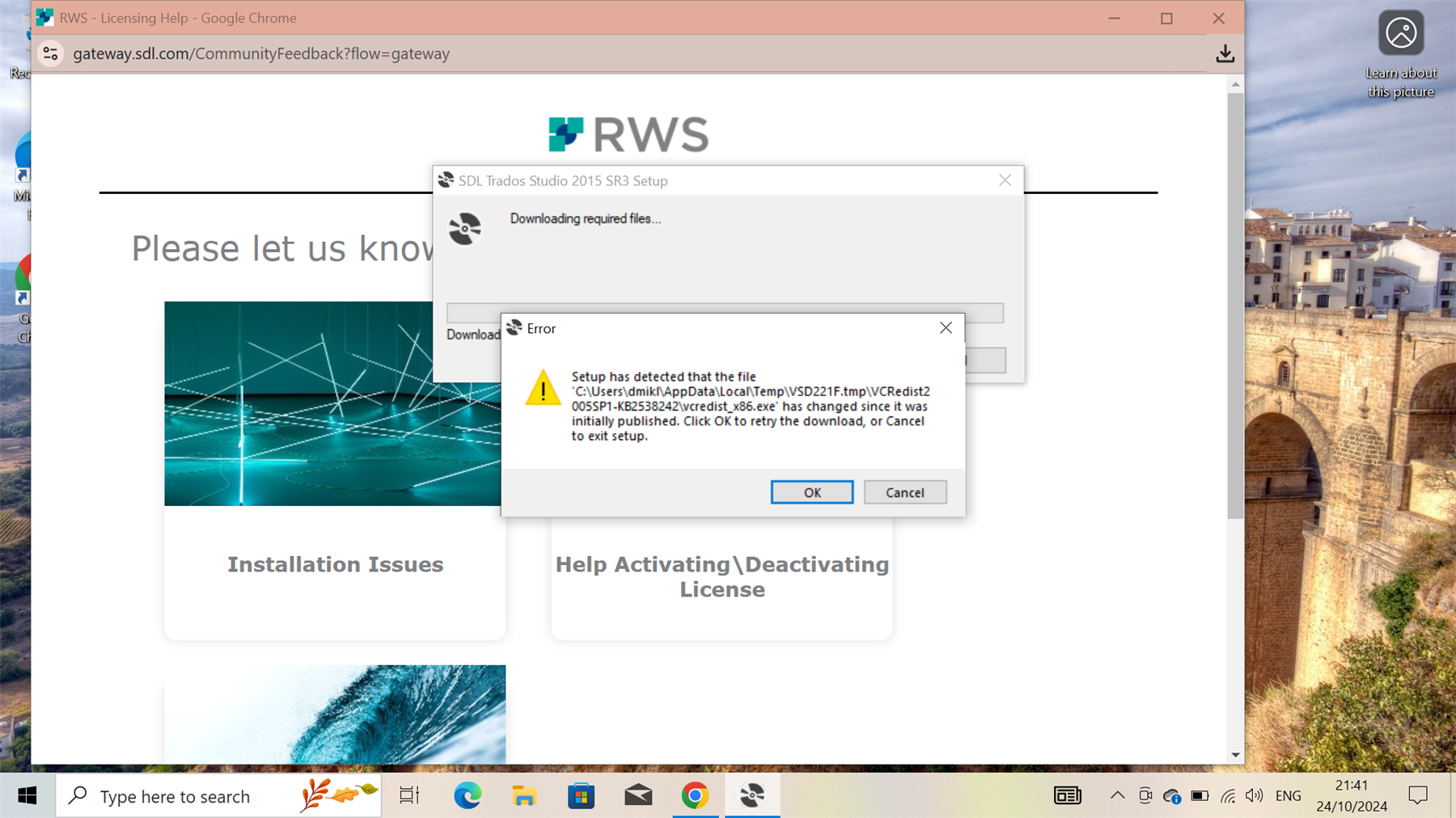 Error message during SDL Trados Studio 2015 SR3 setup indicating that a file has changed since it was initially published with options to retry the download or cancel the setup.