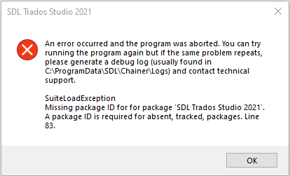 Error message window from SDL Trados Studio 2021 indicating a SuiteLoadException due to a missing package ID for 'SDL Trados Studio 2021' at line 83.