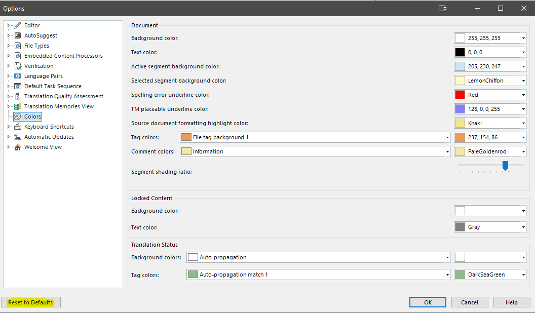 Trados Studio Options dialog showing Editor settings with various color configurations for text, background, and other elements. The 'Reset to Defaults' button is visible at the bottom.