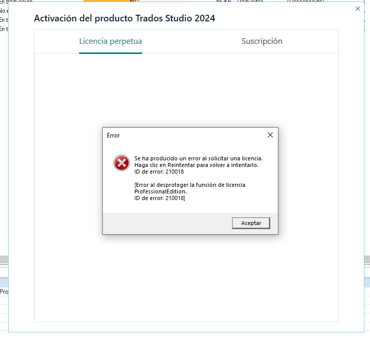 Error dialog in Trados Studio 2024 stating 'An error has occurred when requesting a license. Click Retry to try again. Error ID: 210018' with an accept button.