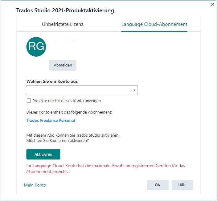 Trados Studio 2021 Product Activation window showing an error message 'Your Language Cloud account has reached the maximum number of registered devices for the subscription'.