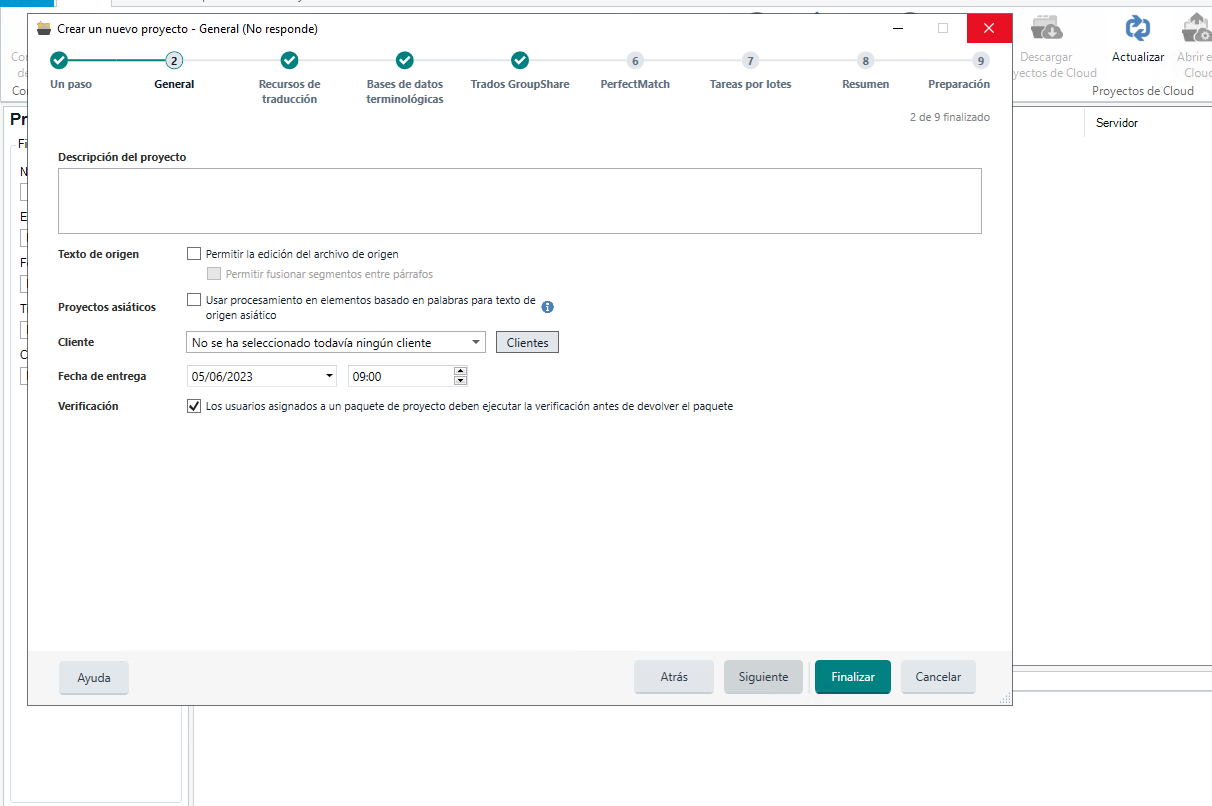 Trados Studio 2022 new project creation window stuck and not responding with 'General' tab open showing project description and settings.