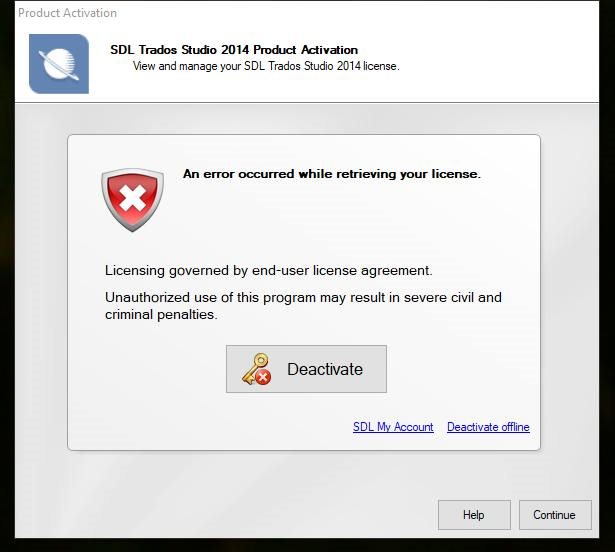 SDL Trados Studio 2014 Product Activation window showing an error message 'An error occurred while retrieving your license.' with a Deactivate button.