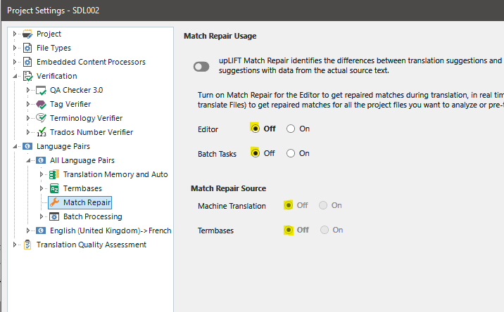 Trados Studio Project Settings showing 'upLIFT Match Repair' turned off for the Editor to stabilize files and enhance speed.