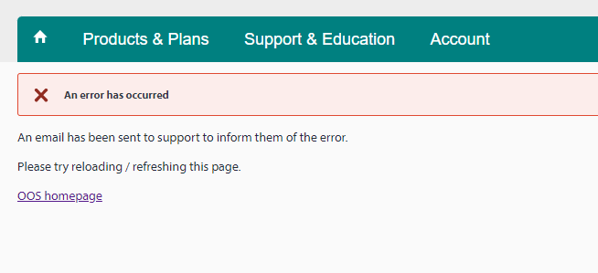 Error message on Trados Studio 2022 Freelance Plus deactivation page stating 'An error has occurred' with instructions to reload the page and a link to the OOS homepage.
