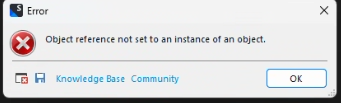 Error dialog box in Trados Studio 2022 stating 'Object reference not set to an instance of an object.'
