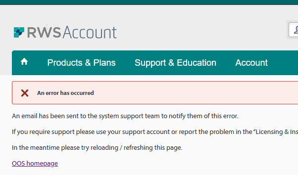 Screenshot of an RWS Account error message stating 'An error has occurred' with instructions to reload the page or contact support.